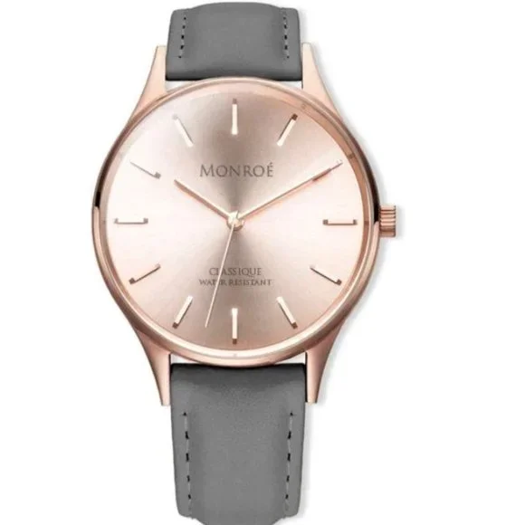 Monroe SOLÉROSE Watch Rose Gold CHARCOAL LEATHER Strap Unisex NWT - Picture 1 of 5